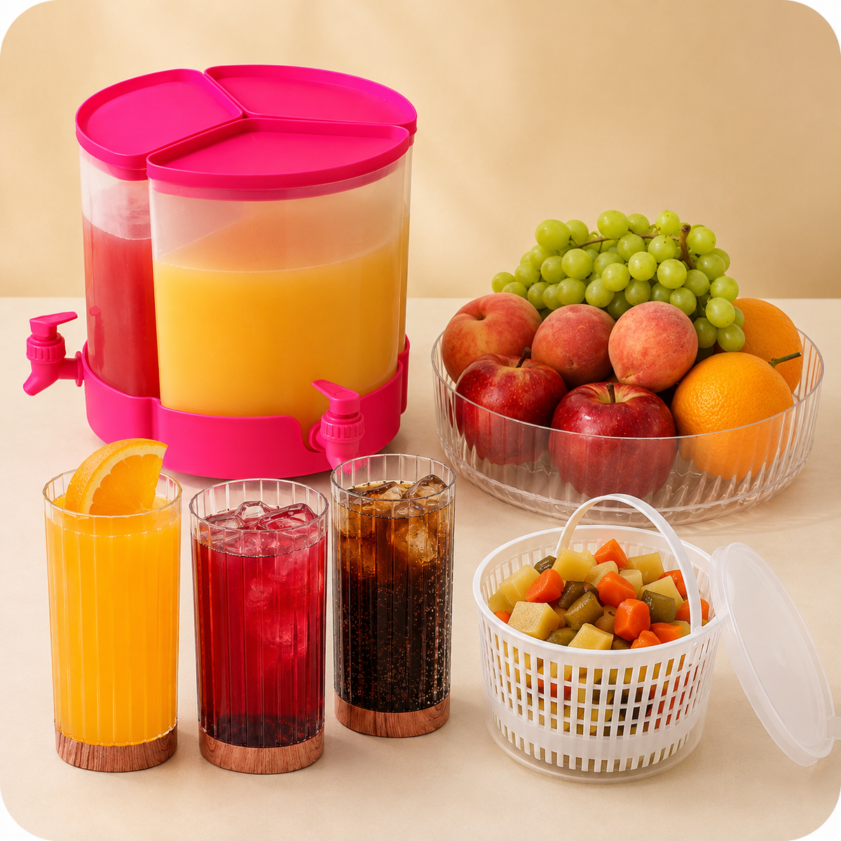 Entertaining and serving products including a drink dispenser, tray and cups