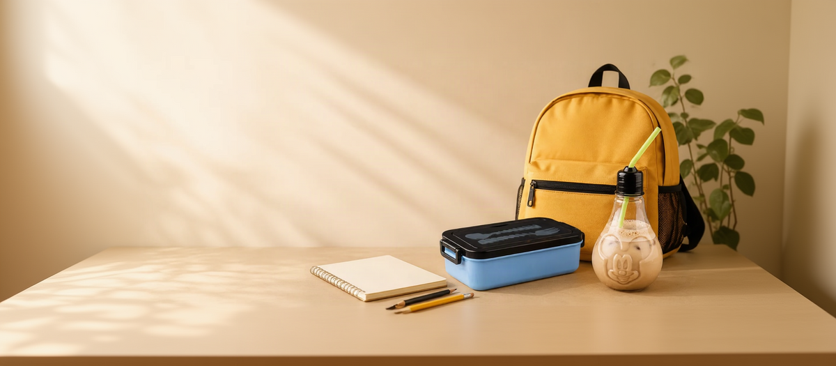 Back to school one-tier lunch box and lamp-shaped bottle