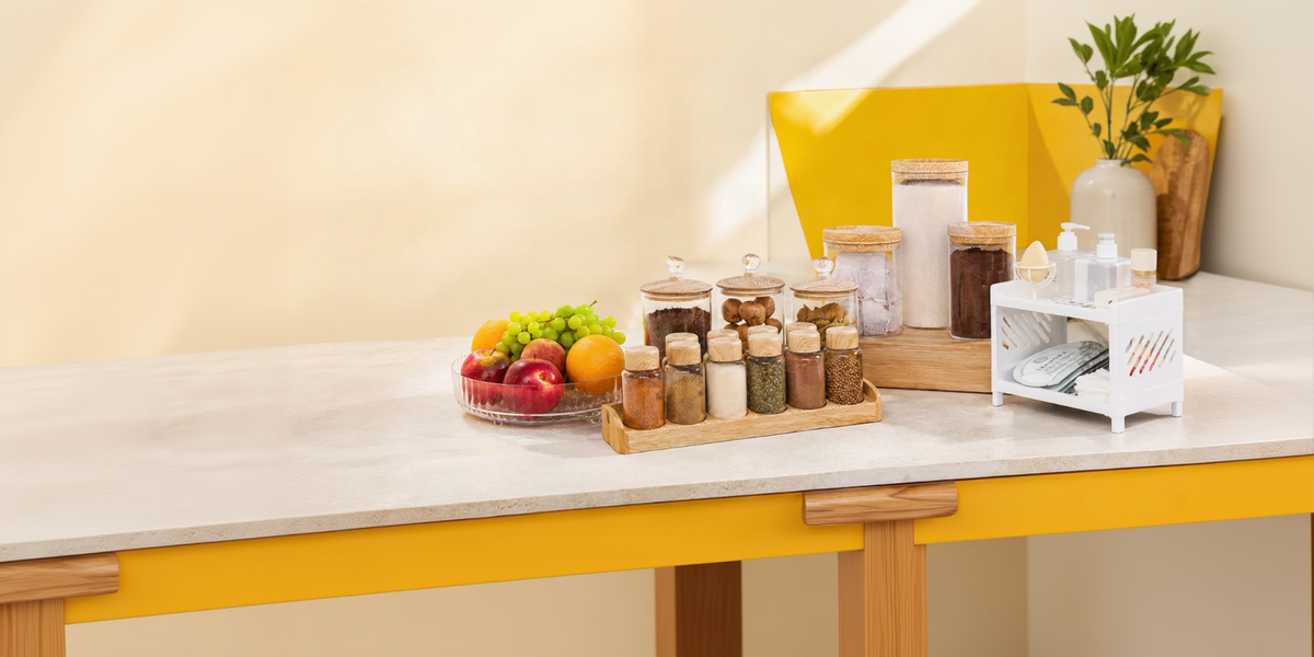 Home and kitchen storage essentials displayed in a bright yellow and beige setting